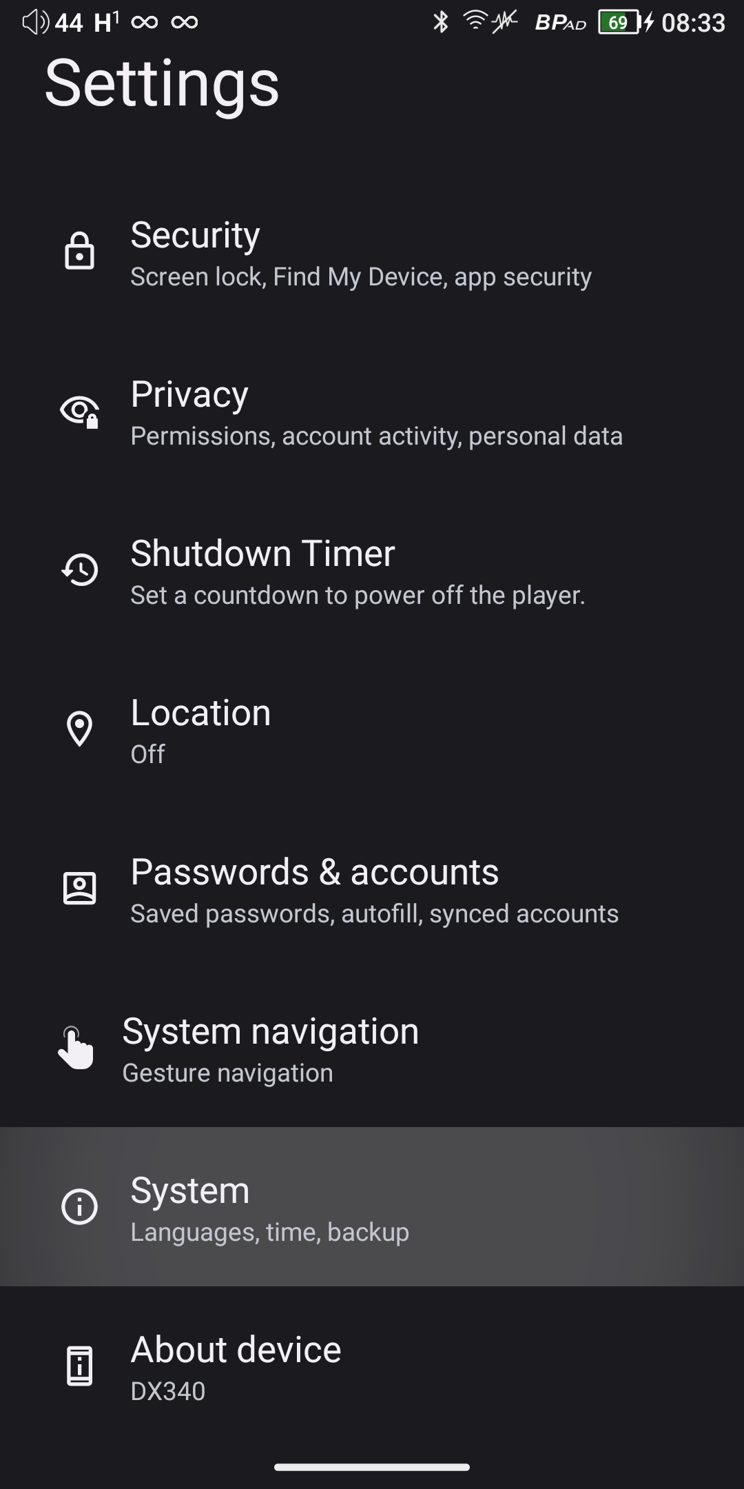 Settings — open System