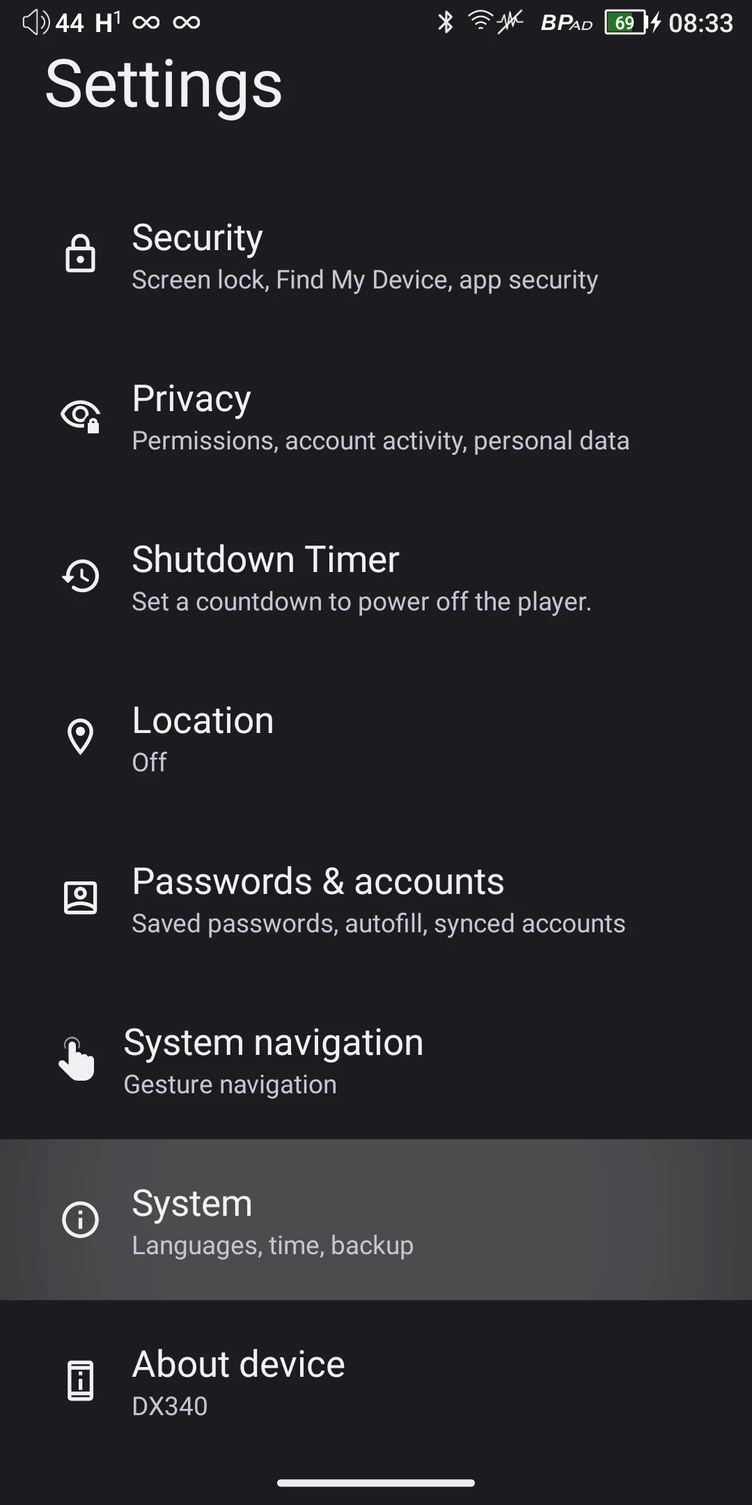 Settings — open System