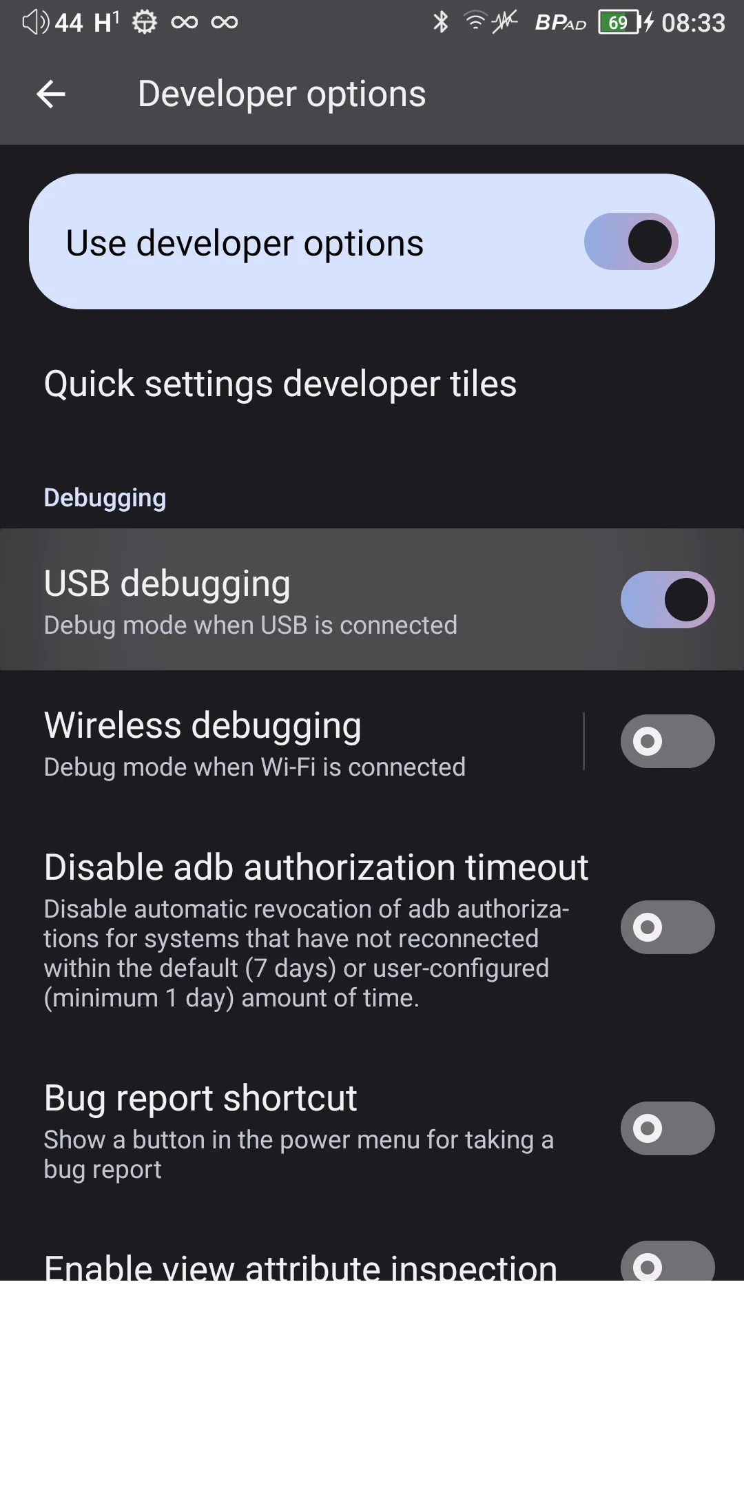 Developer options — turn on USB debugging