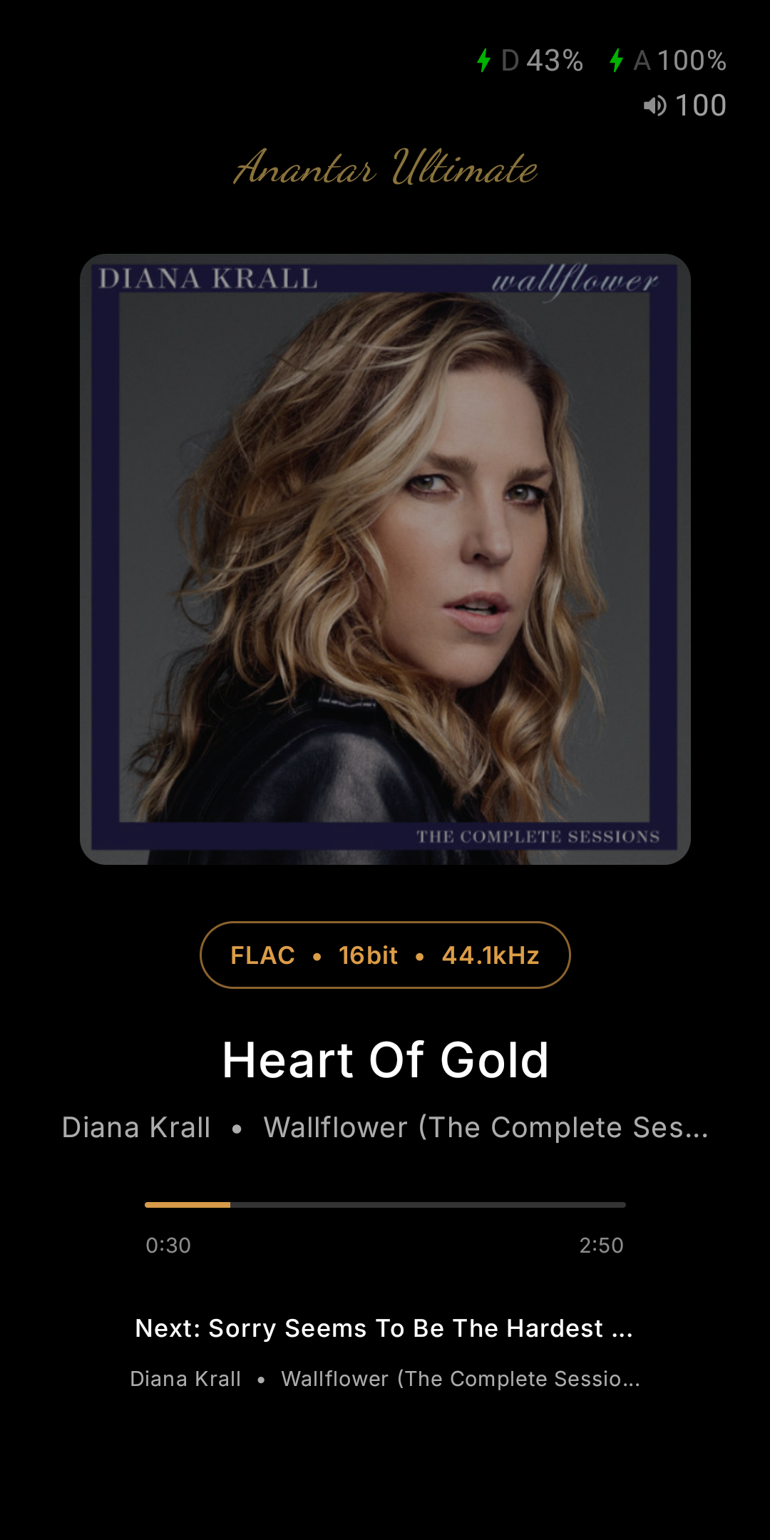Always On Display on the iBasso DX340 — dual battery and volume status, the Anantar Ultimate wordmark, dimmed album art, a FLAC 16bit 44.1kHz format pill, track title and artist, seek position, and the next track.