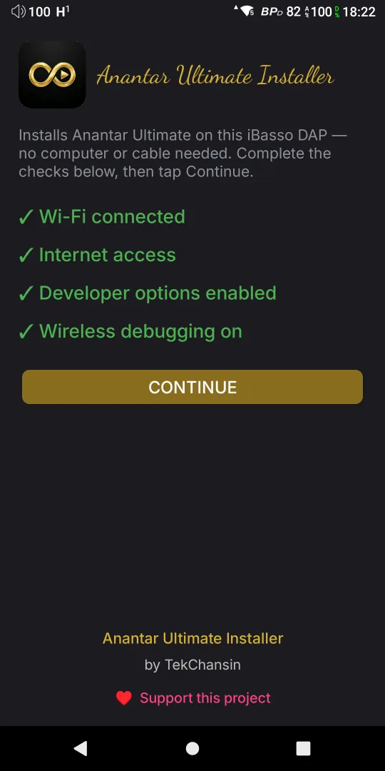 Checklist — everything green, Continue enabled
