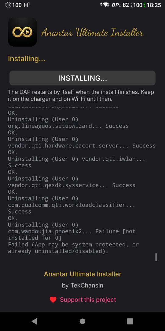 Installing — live log on the player