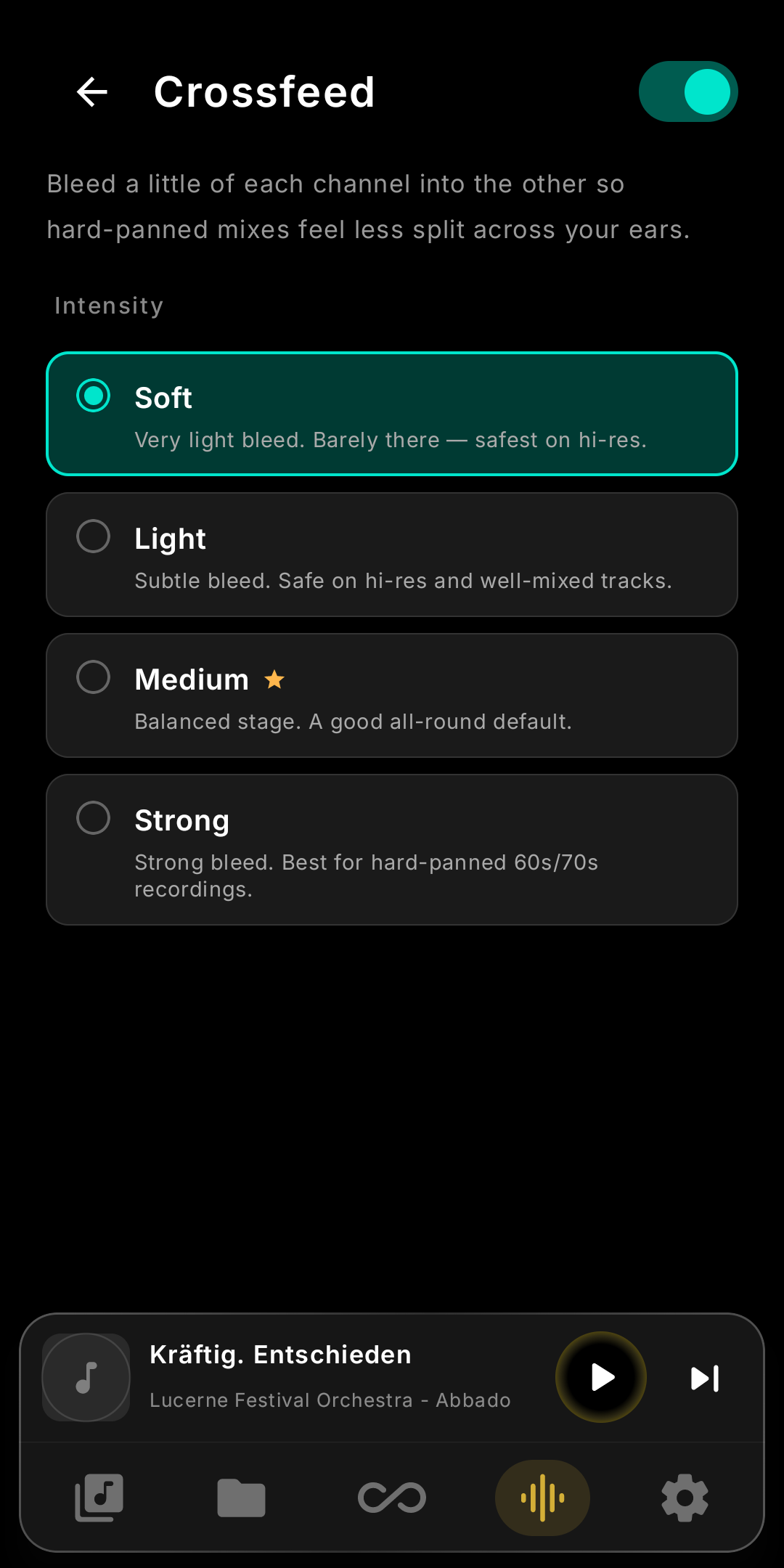 Crossfeed detail screen in Infinity Player with the four intensity presets