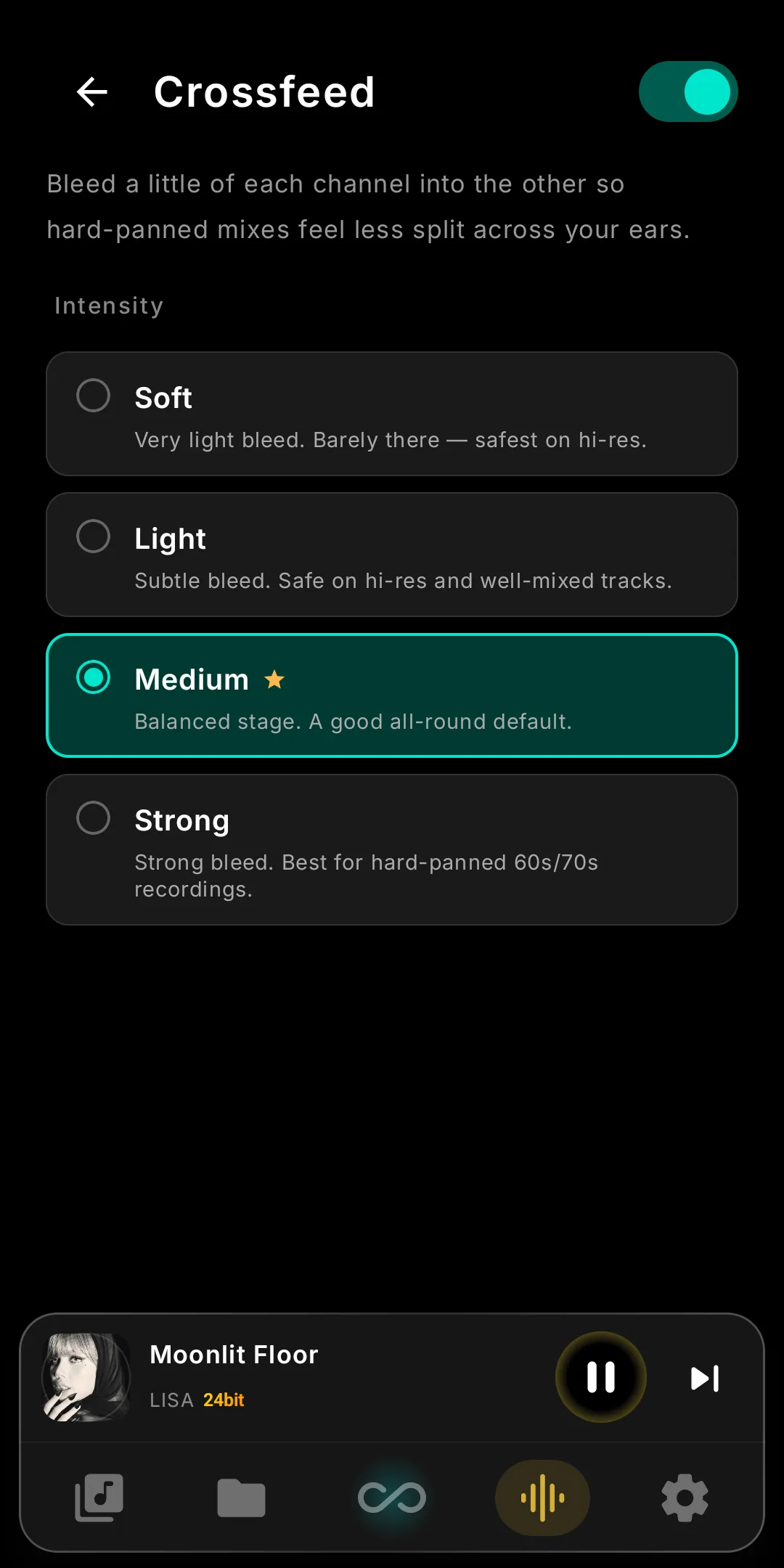 Crossfeed detail screen in Infinity Player with the four intensity presets