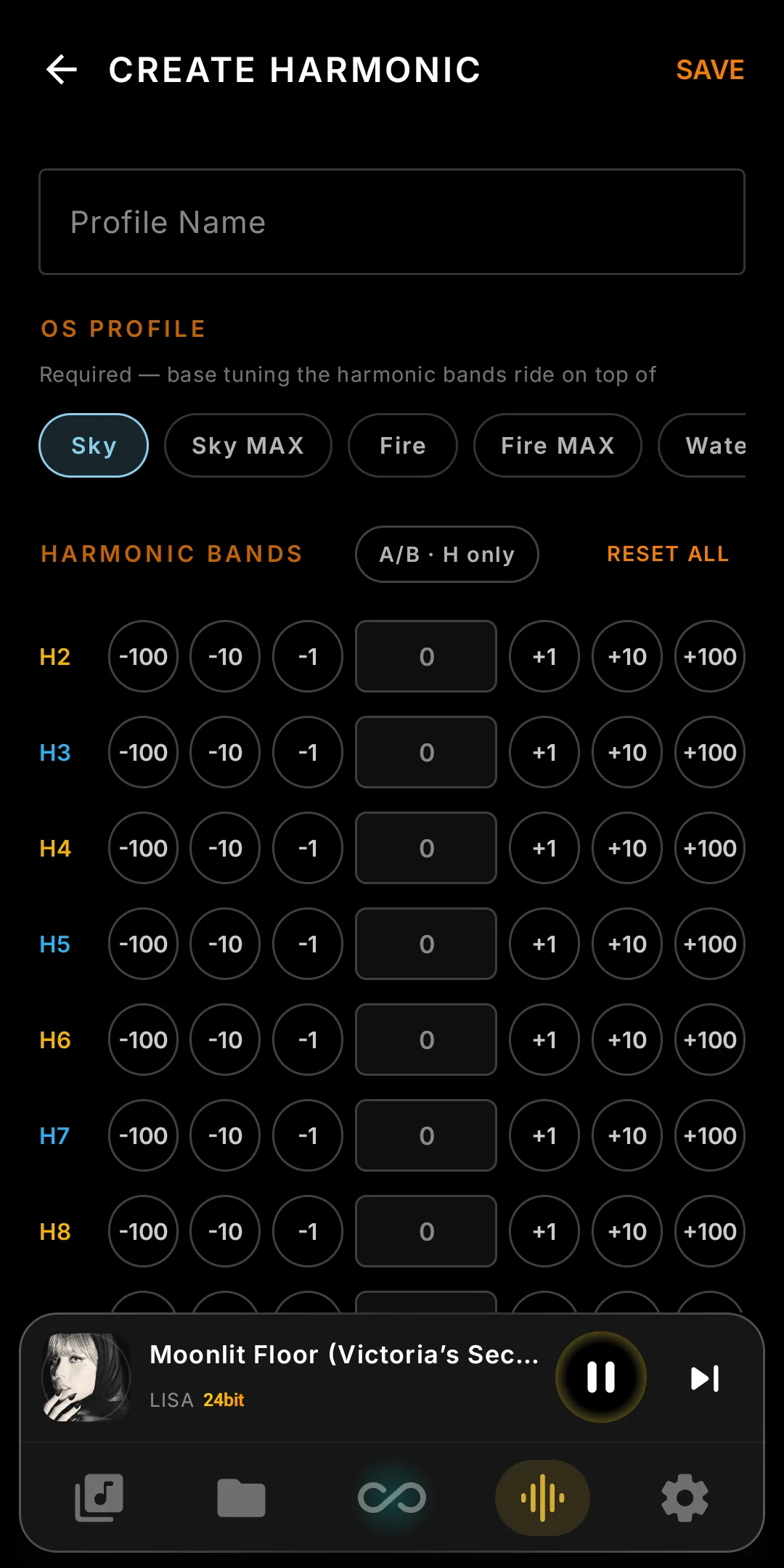 Create Harmonic editor with the H2–H8 band rows