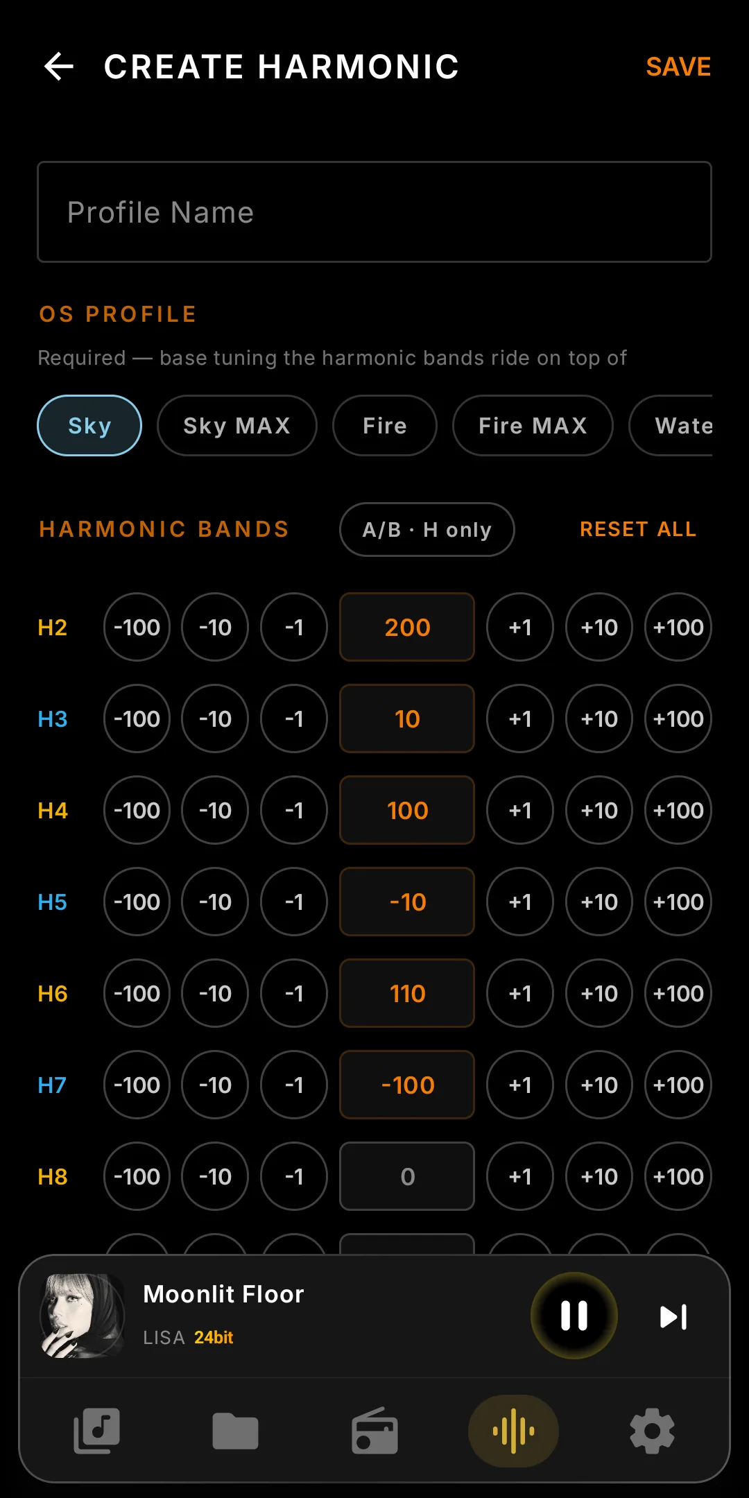 Harmonic profile with all nine bands tuned