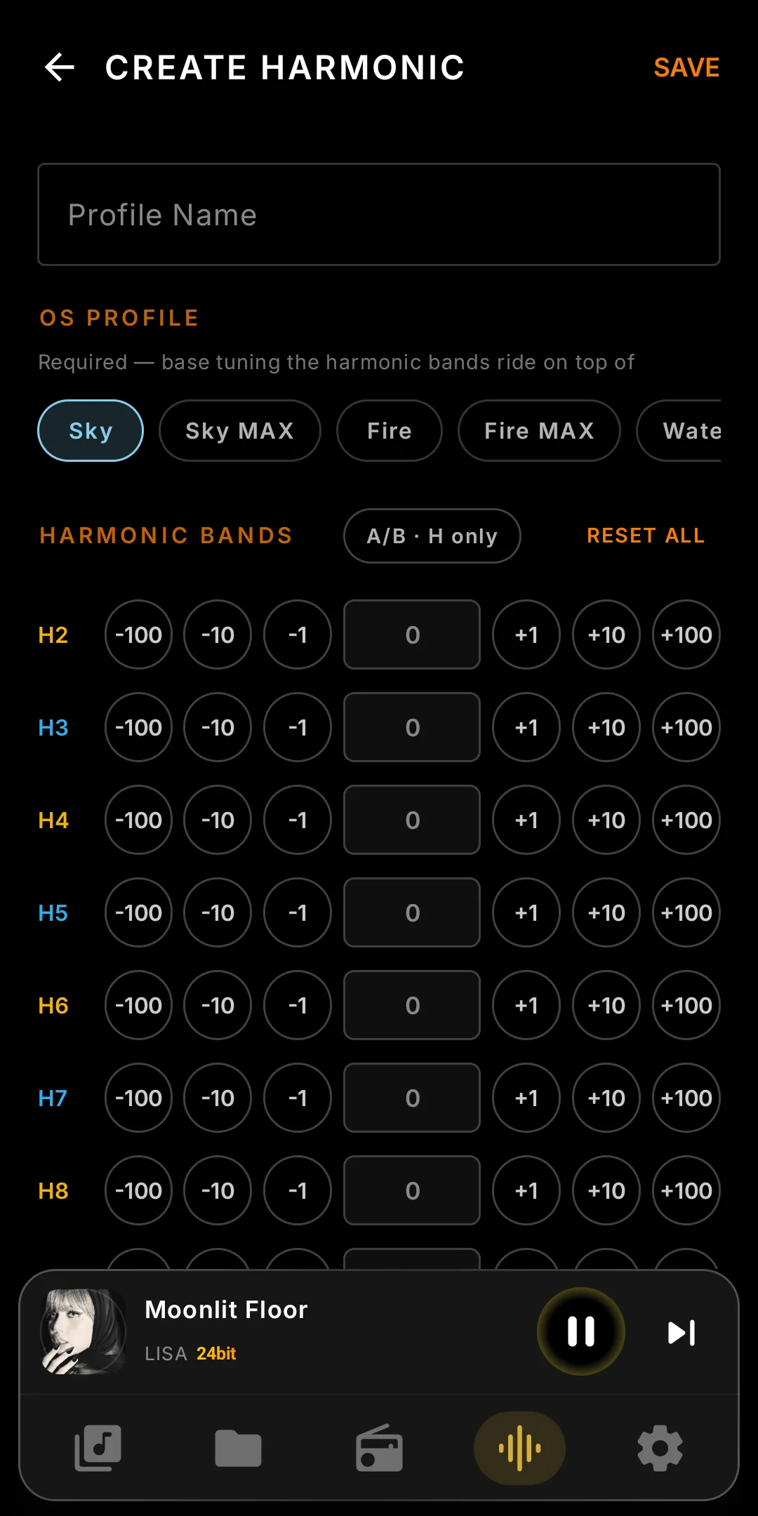 Harmonic OFF — flat reference, all bands at zero