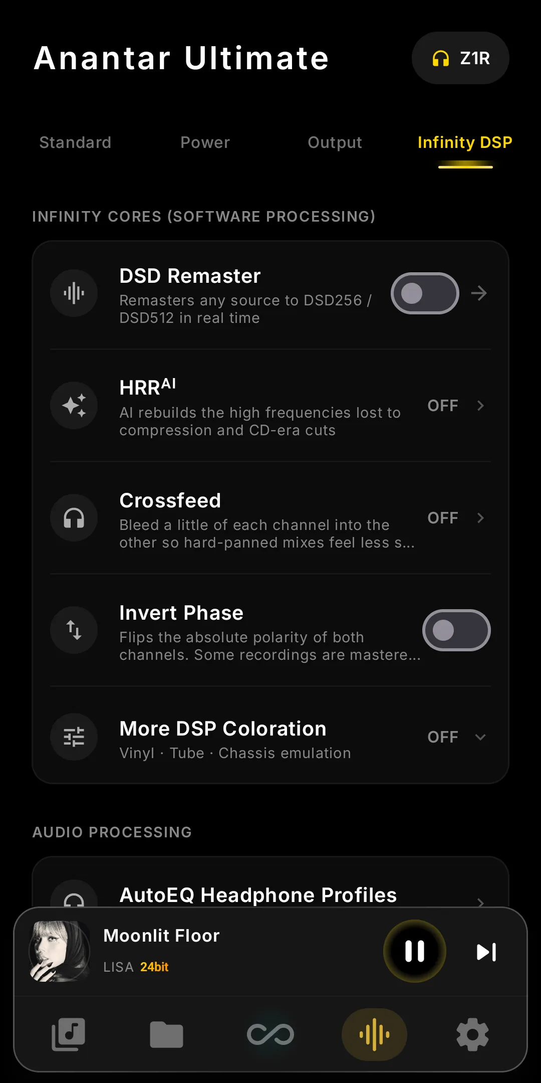 Infinity DSP panel in Infinity Player — Tube², Vinyl², Chassis², Crossfeed, Invert Phase, HRRᴬᴵ, DSD Remaster, Equalizer, Parametric EQ