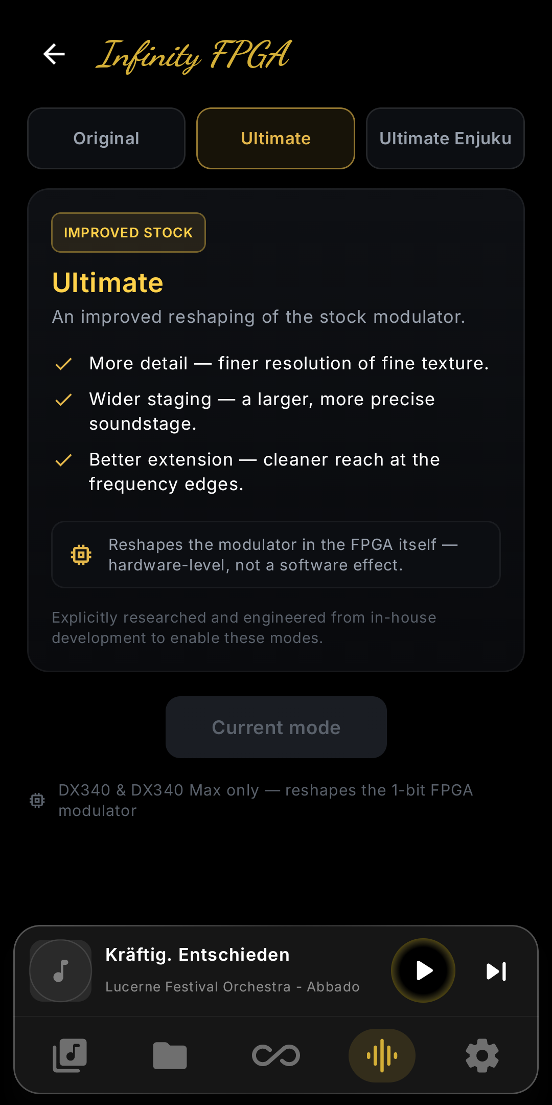 Infinity FPGA detail screen with Original and Ultimate modulator modes
