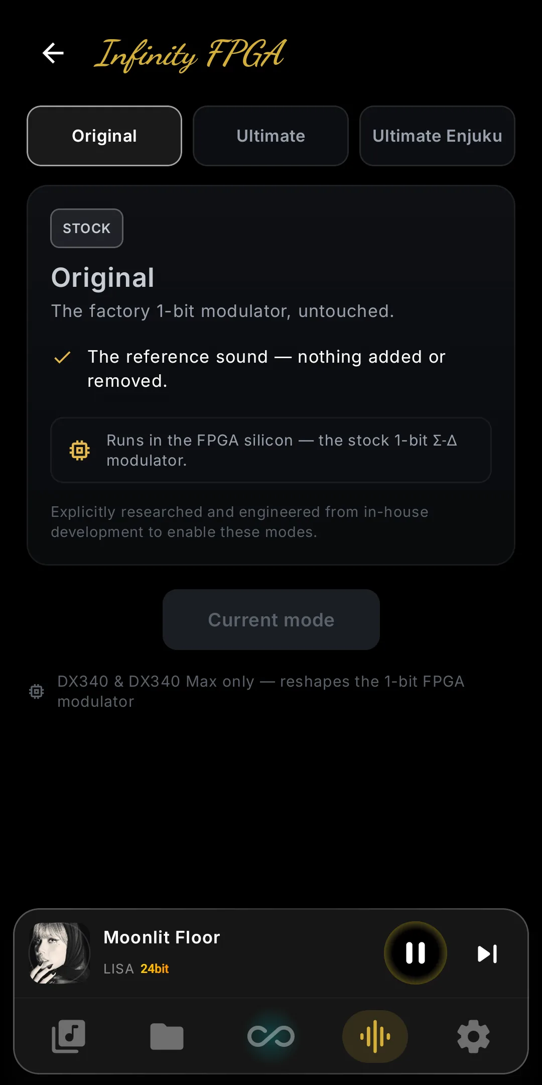 Infinity FPGA detail screen with Original and Ultimate modulator modes