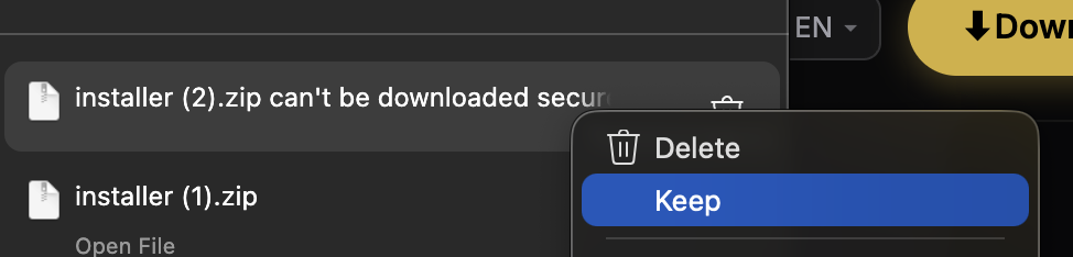 Chrome download warning — click Keep