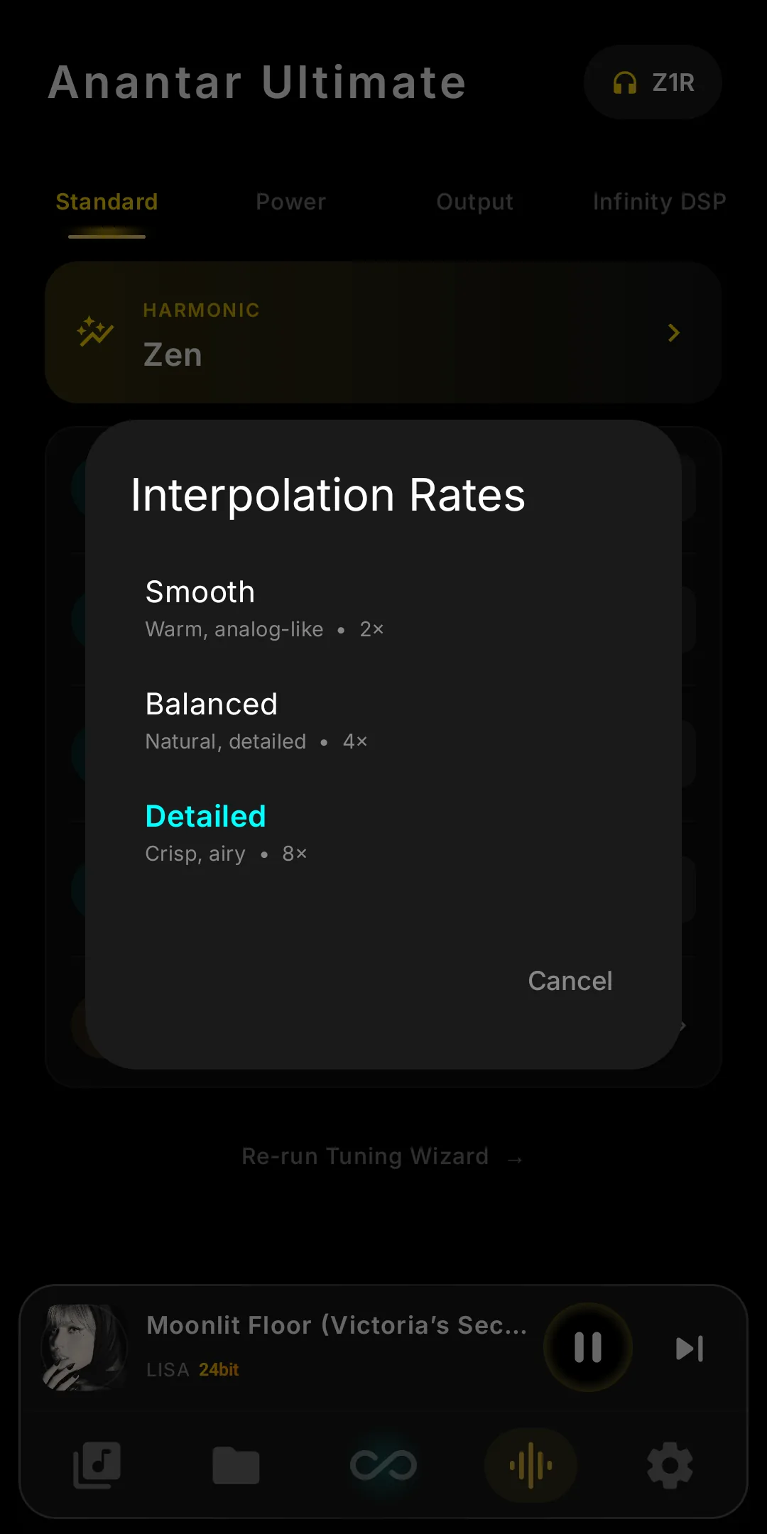 Interpolation Rates picker: Smooth 2×, Balanced 4×, Detailed 8×