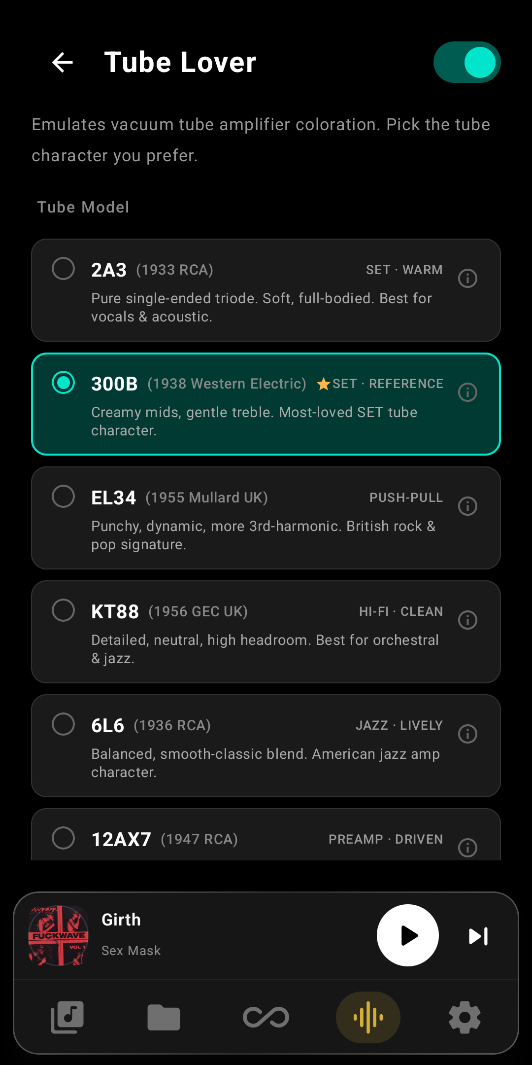 Tube Lover settings with selectable tube models