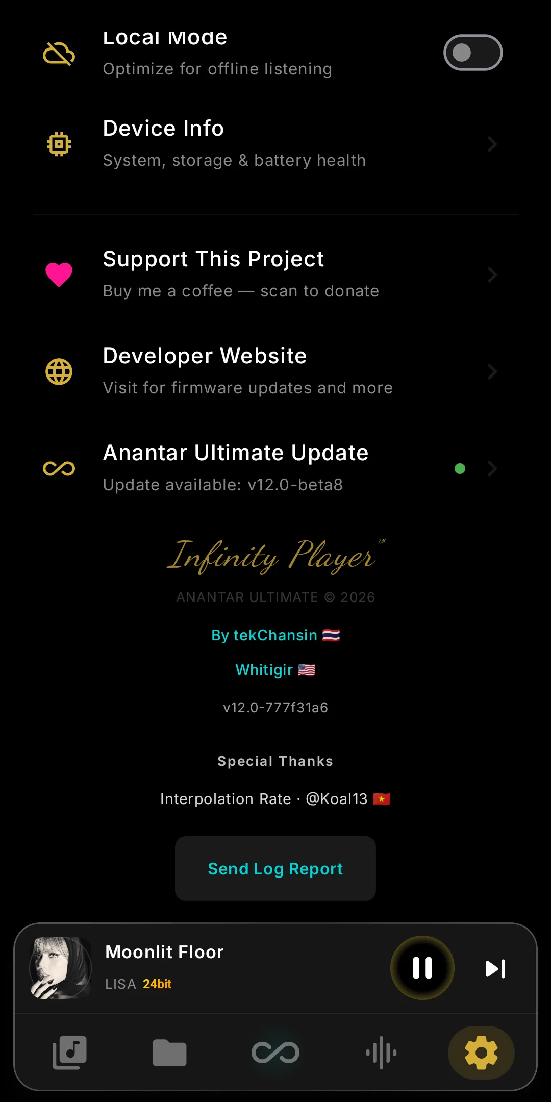 Infinity Player Settings with the Anantar Ultimate Update entry
