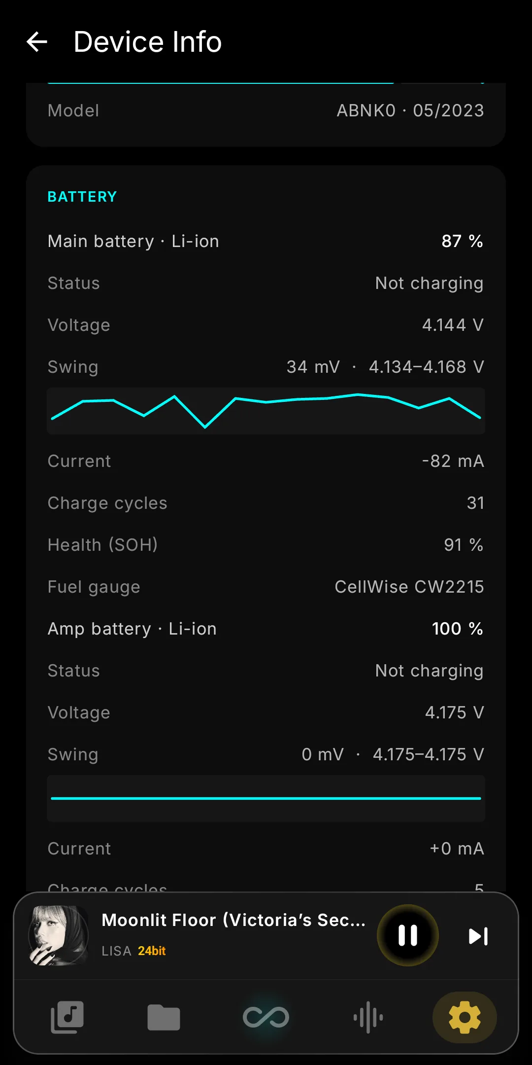 Infinity Player V12 â Device Info with the battery voltage graphs