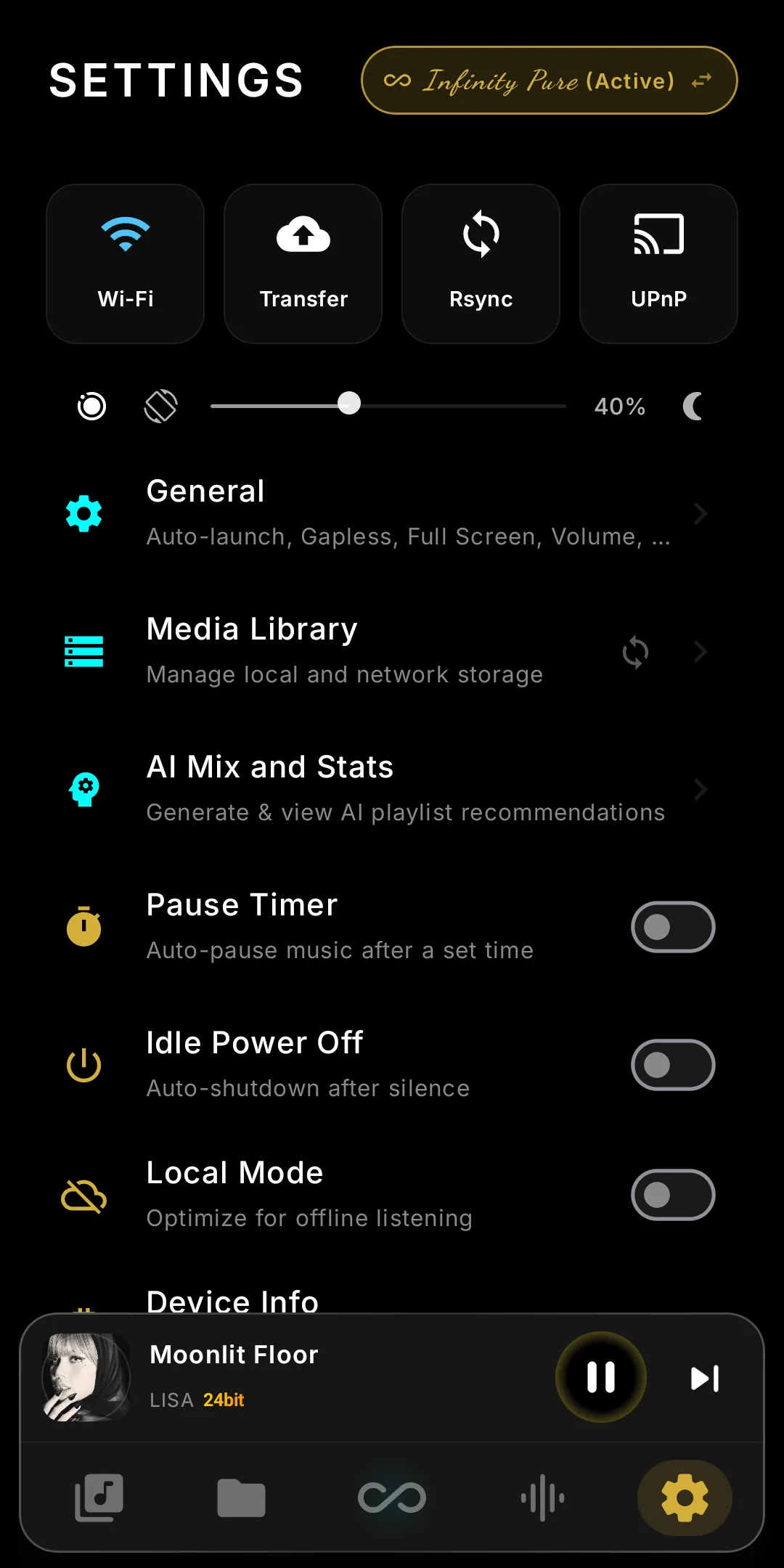 Infinity Player V12 — the Wi-Fi, Transfer, Rsync and UPnP tiles at the top of Settings