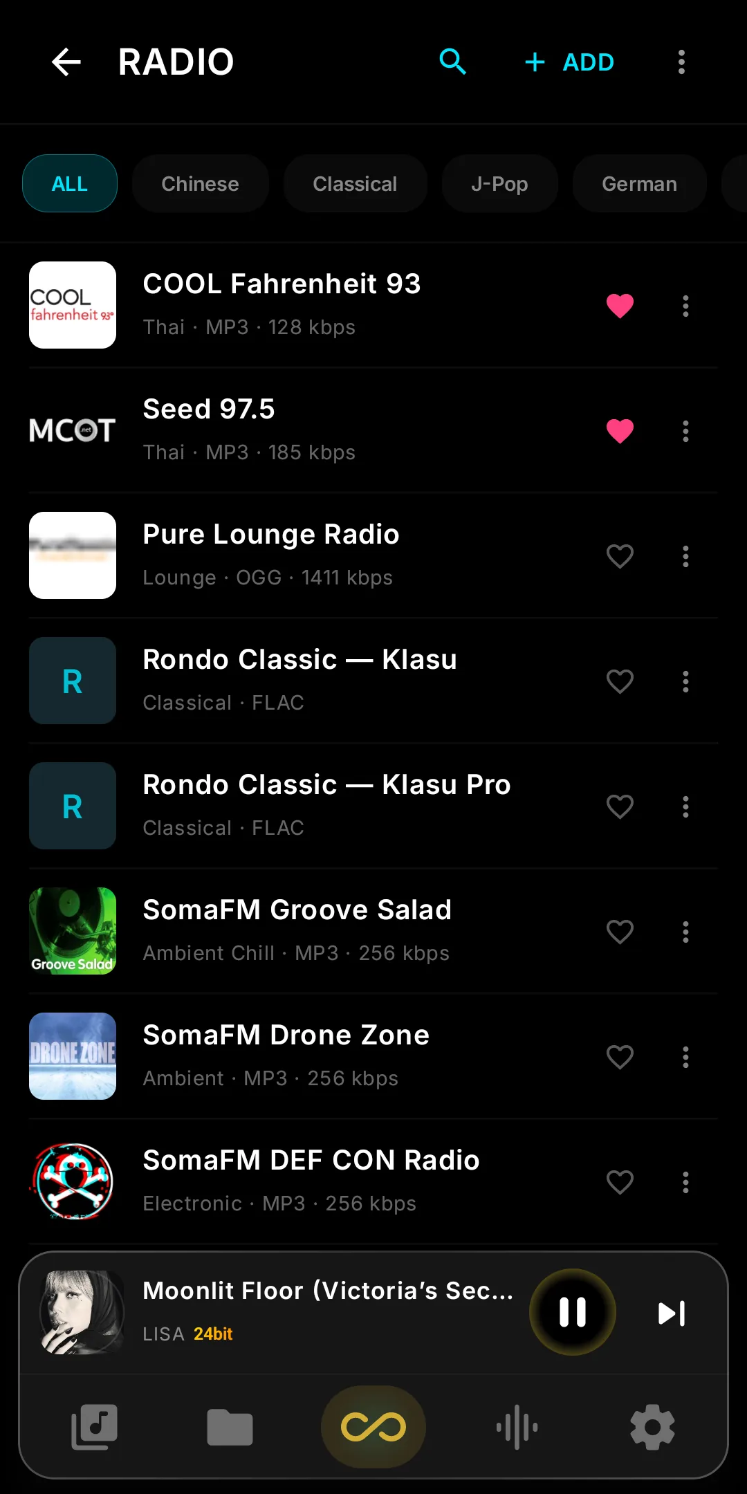 Infinity Player V12 — the Radio screen with built-in stations