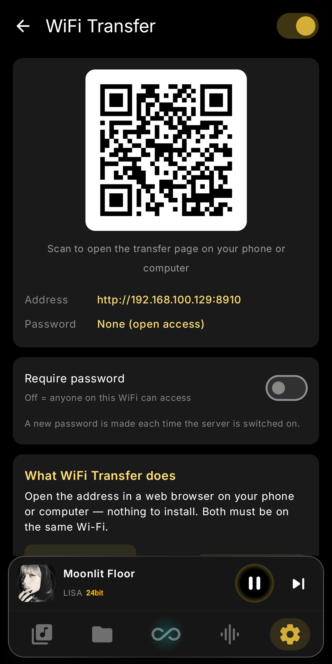 WiFi Transfer screen with address and QR code