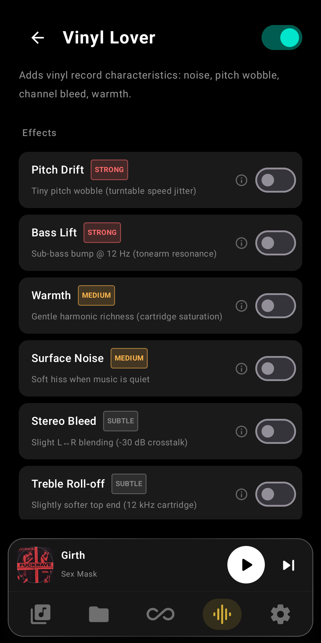 Vinyl Lover settings with toggleable emulation blocks